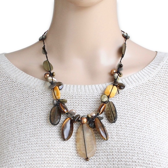 Silpada Gemstone Statement Necklace Tiger’s Eye Pearl Shell Sterling Silver - Picture 1 of 8